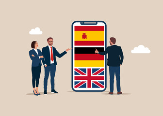 Businesspeople learning different languages. Online translator. People multi language communication. Linguist. Flat modern vector illustration. 