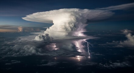 Massive storm cloud with lightning strikes, aerial view.