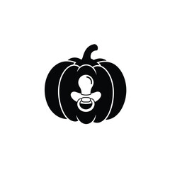 Black silhouette baby pumpkin with pacifier white background