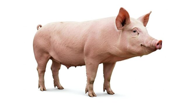 A pink pig stands on a white background