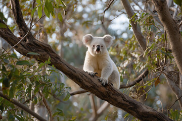 Fototapeta premium Koala bear standing a tree in the Australian bush, wolf, animal, white.