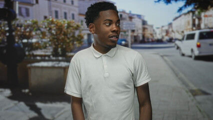 Fototapeta premium Young man in white shirt pointing finger to head on sunny city street under building balconies; thinking.