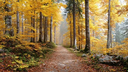 Obraz premium Autumn forest path with golden leaves and tall trees creating a peaceful seasonal landscape