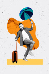 Obraz premium Trend artwork banner sketch 3D photo collage of young man walk hold umbrella baggage travel agency global abroad destination vacation trip