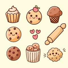 cute cartoon Dessert Vector Set Kawaii Cookies, Cupcake, and Ice Cream