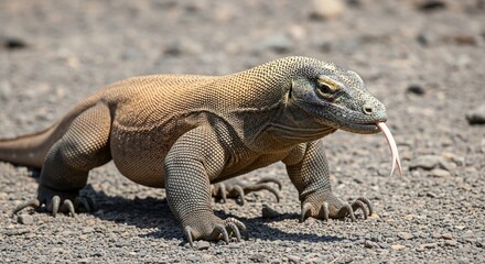 A large Komodo dragon walks across a dry, rocky terrain with its forked tongue extended.