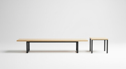 Simple modern bench with matching square side table in natural wood and steel design, great for ecommerce stores, catalogs, and minimalist interior promotions.