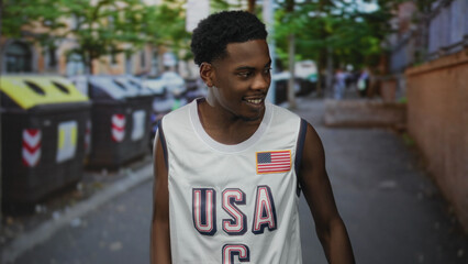 Man pointing finger at trash and recycling containers on city street; environmental responsibility...