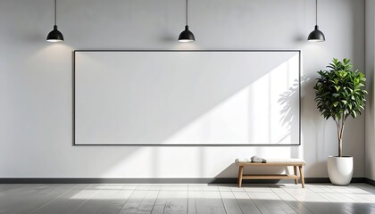 A large blank horizontal frame mockup on a sunlit white wall in a minimalist room with pendant lights and a potted plant.