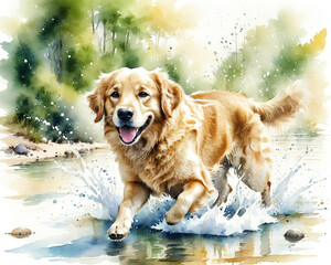 Delightful watercolor Golden Retriever, playfully splashing in a cool forest stream. Serene, sunlit nature scene captures carefree summer joy
