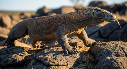 Fototapeta premium A large Komodo dragon lizard walks across a sunlit, rocky terrain, flicking its forked tongue out.