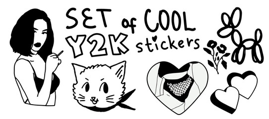 Hand drawn vector sticker set in doodle style, featuring cats, hearts, flowers, girl, stars. Black and white, playful and quirky Y2K grunge style, bold simple shapes, graphic illustration.