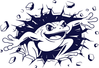 Cartoon Frog Breaking Through Wall – Black and White Vector Illustration, Fun Animal Mascot Design