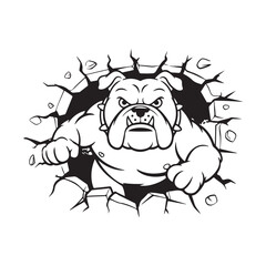 Cartoon Bulldog Breaking Through Wall – Black and White Vector Illustration, Strong Animal Mascot Design