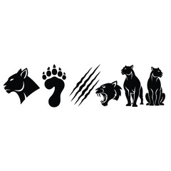 A collection of black panther silhouette icons including head profiles a paw print claw marks and fullbody poses.