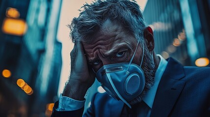 Stressed businessman in mask, city backdrop