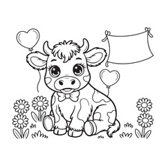 engraving vintage Cow Outline vector art illustration, old vintage Line art cut Cow drawing  design. Baby Cow Coloring page