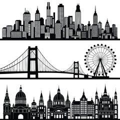 Obraz premium A collection of black vector silhouettes depicting modern landmark and historic city skylines.