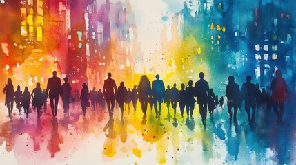 Colorful city crowd walking, vibrant urban scene, hopeful future