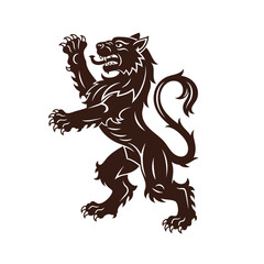 A fierce heraldic wolflion beast in a rampant pose a dark brown silhouette emblem for a coat of arms.