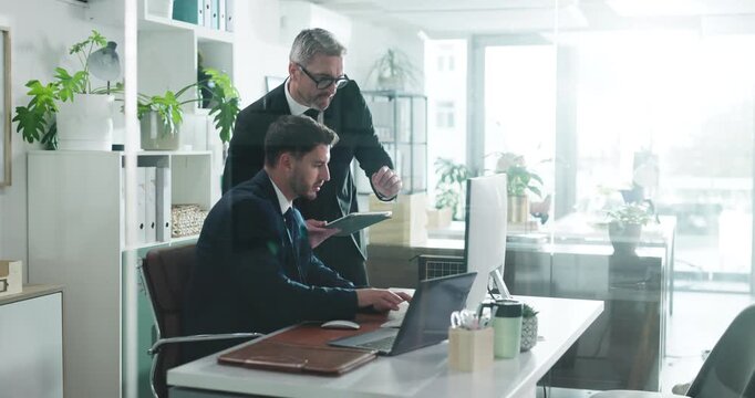 Computer, tablet and training with business people in office together for coaching or feedback. App, management and review with mentor speaking to intern in corporate workplace for career development