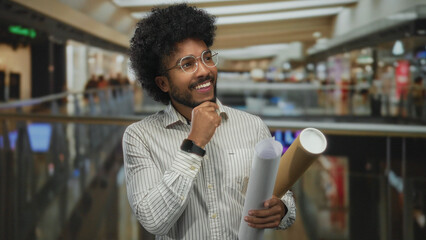 African american man holding blueprints in an indoor art gallery, appearing thoughtful and engaged.