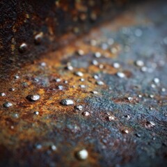 Macro shot of rusty metal surface with water droplets, highlighting texture and corrosion with a shallow depth of field