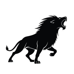 A powerful black silhouette of a fierce male lion roaring with an open mouth.