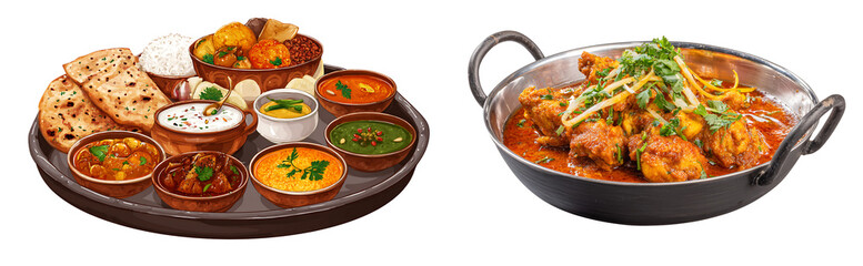 A delectable indian thali with various curries rice naan and chicken masala in a serving bowl dish