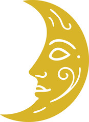 Crescent moon profile face in golden yellow