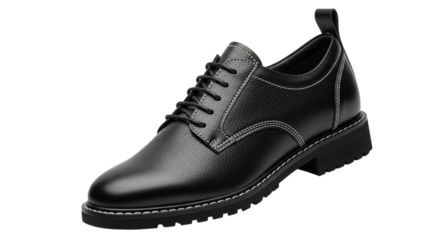 A single black textured leather derby shoe with a lug sole and bold white contrast stitching.