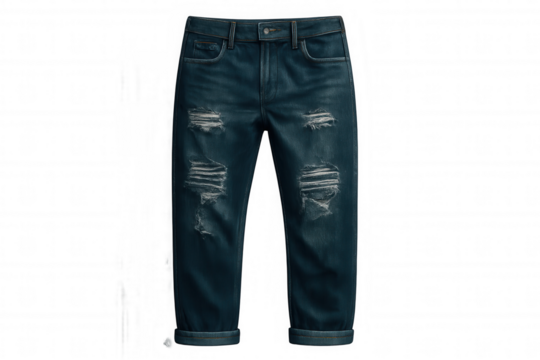 Dark blue ripped denim pants displaying edgy street-style fashion, photographed in clean studio setting against transparent backdrop