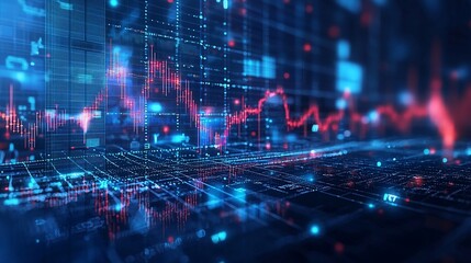 Financial market data in blue and red with glowing lines