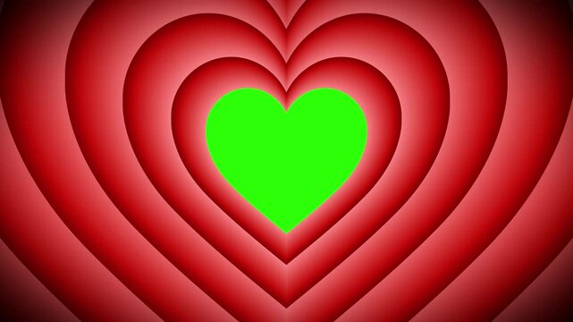 Cartoon style animation isolated with green screen background for the end of videos. Red hearts shape zooming in with bounce back effect.