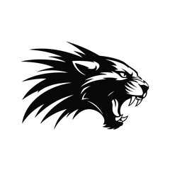 Fierce black panther head mascot roaring aggressively with sharp fangs depicted in a stylized graphic profile view. © Alisya Design