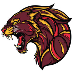 Fierce roaring panther head mascot with sharp fangs and bold red and gold accents.
