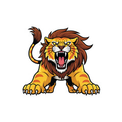Fierce cartoon lion mascot roaring aggressively with sharp claws and bared teeth.