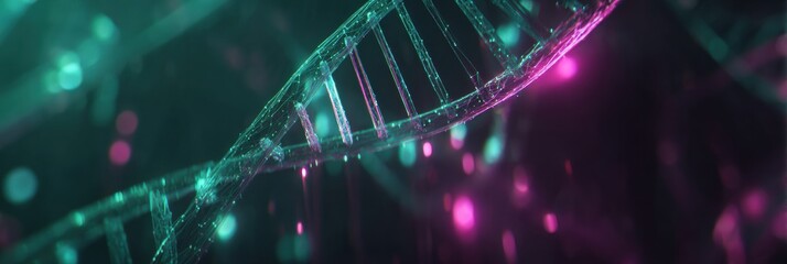 A vibrant display of a DNA double helix is illuminated with shades of pink and green against a dark backdrop, showcasing intricate molecular details.