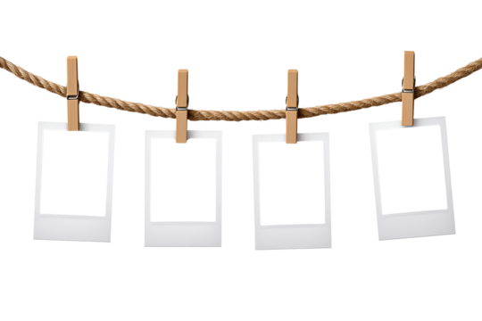 Four Instant Photo Frames Hanging on Rope isolated on transparent background, Clipart png