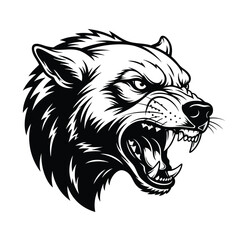 Fierce snarling wolf head with bared teeth in a bold black and white illustration.