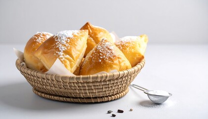 A close-up of pastries in a basket, dusted with powdered sugar