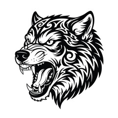 Fierce snarling wolf head with black and white tribal tattoo style patterns.