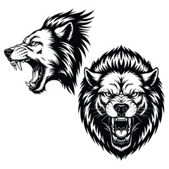 Fierce wolf head mascot illustrations in profile and front view snarling with sharp fangs.