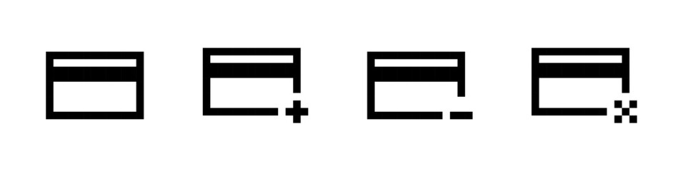 Credit card icons, Pixelated credit card icons with variations for add remove and cancel options, Credit Card Pixel Symbols, Payment Interface Icons, Banking UI Elements, Financial Transaction Symbol.