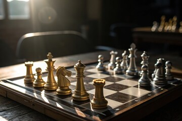 Golden and silver chess pieces on board symbolizing strategy