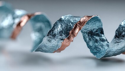 Abstract spiral of crumpled metal, teal and copper