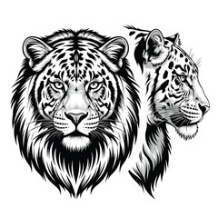 Majestic hybrid big cat head with a lions mane and leopard spots in a black and white line art style.