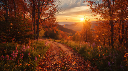 Obraz premium An autumn sunset landscape depicts a forest path lined with orange, red, and yellow trees and colorful wildflowers, set against gentle hills, distant mountains, and a glowing sky, with butterflies con