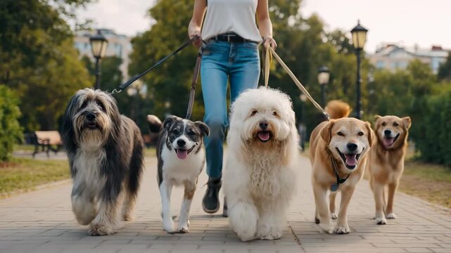 Woman walking group of five happy dogs on leashes in city park during summer evening with trees and lamps around