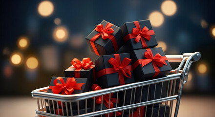 Black gift boxes with red ribbons in shopping cart. Holiday presents for Black Friday, Men's Day, Father's Day. Banner with copy space.